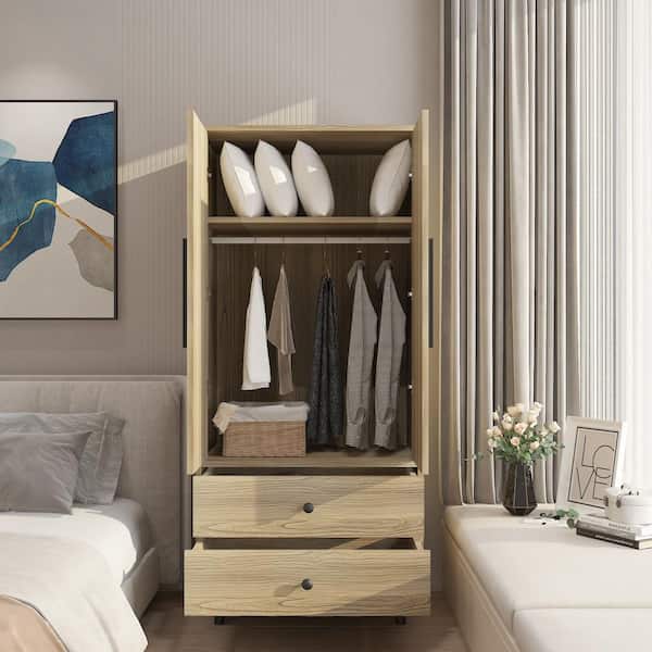 Oak 70.9 in. H Wardrobe Armoires with Hanging Rod, Drawers, Storage Shelves 31.5 in. W x 20.5 in. D