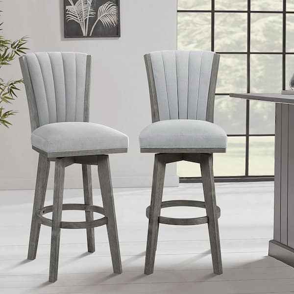 Laetitia 30.5 In. Wire Brushed Gray Finish High Back Wood Swivel Bar Height Stool with Gray Velvet Seat (Set of 2)