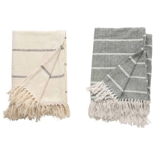Storied Home Gray & Cream Striped Brushed Cotton Throw Blanket with Fringe (Set of 2)
