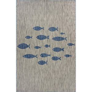 Coastal Gray / Blue 7 ft. 9 in. x 9 ft. 9 in. Aqua Fish Indoor/Outdoor Area Rug
