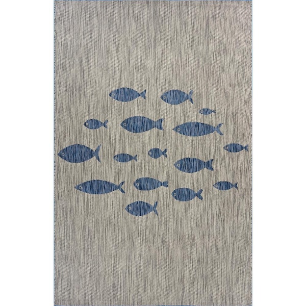 Unbranded Clover Coastal Gray/Blue 7 ft. 9 in. x 9 ft. 9 in. Aquatic Fish Indoor/Outdoor Area Rug