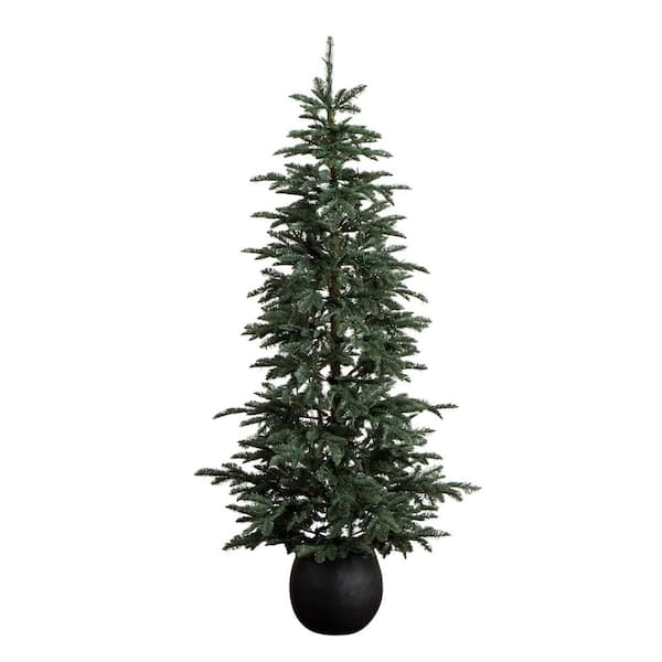 6 ft. Pre-Lit Artificial Pine Christmas Tree in Round Black Decorative Planter with 60-Warm White LED Lights