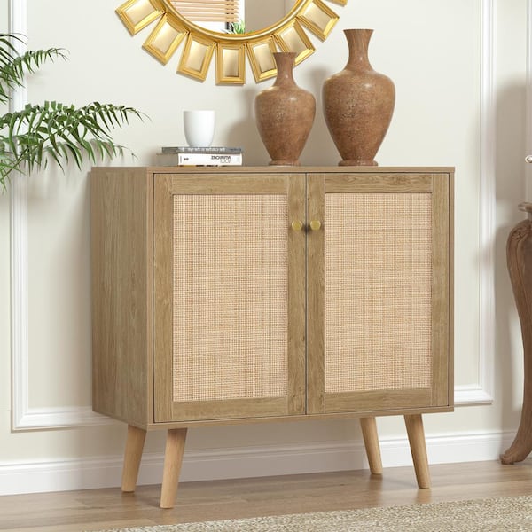 Aupodin Natural Oak 31 in. Buffet Accent Cabinet Office Storage Cabinet with 2-Adjustable Shelves and 2-Rattan Doors