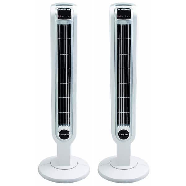 Lasko 12 in. 3-Speed Oscillating Tower Fan in White with Timer and Remote Control (2-Pack)
