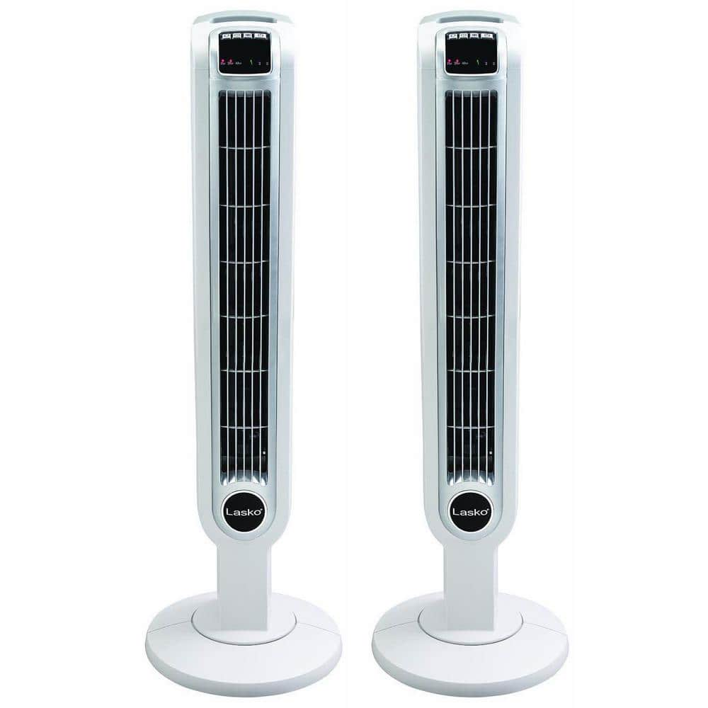 Lasko 12 in. 3-Speed Oscillating Tower Fan in White with Timer and ...