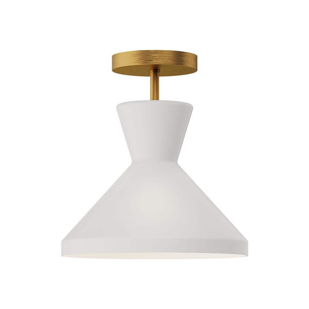 Aged Gold and White Glass Cone Semi Flush Mount Light