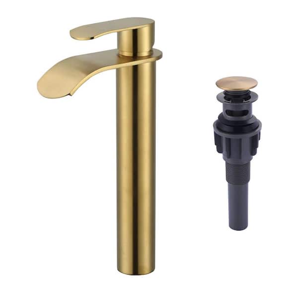Single Handle Single Hole Tall Waterfall Bathroom Faucet with Pop Up Drain and Supply Lines in Brushed Gold