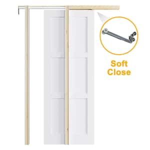 30 in. x 80 in. White Primed 3 Lite MDF Door with Solid Core Pocket Sliding Door Frame with Hardware and Soft Close