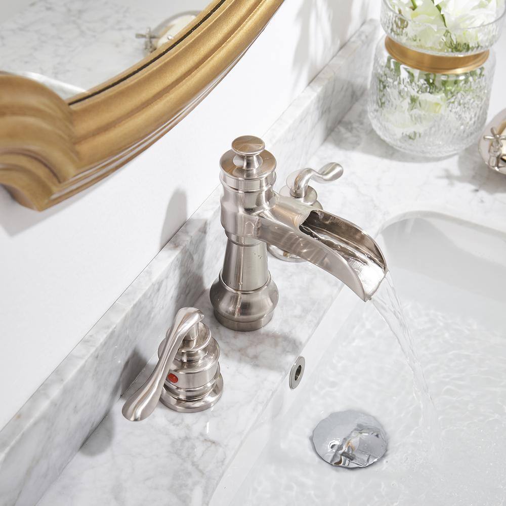 Brushed Nickel Widespread Waterfall Bathroom Faucet with Lever Handles