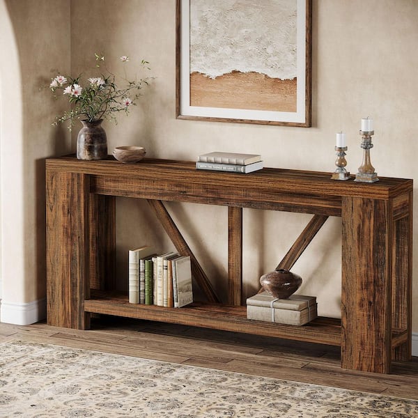 BYBLIGHT Turrella 71 in. Dark Brown Rectangle Wood Console Table