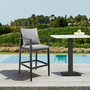 Grand 26 in. Counter Height Aluminum Outdoor Bar Stool with Grey Cushions