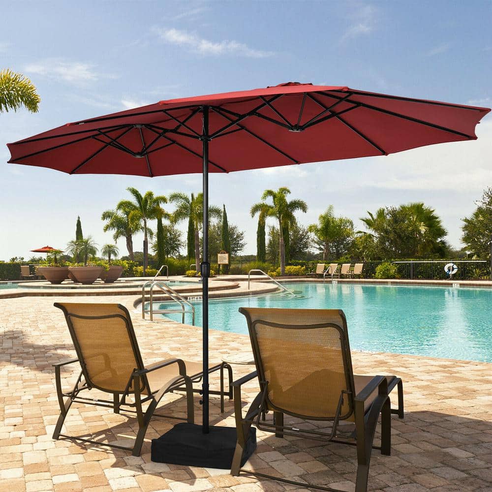 15 ft. Double-Sided Twin Patio Umbrella in Red with Crank and Base