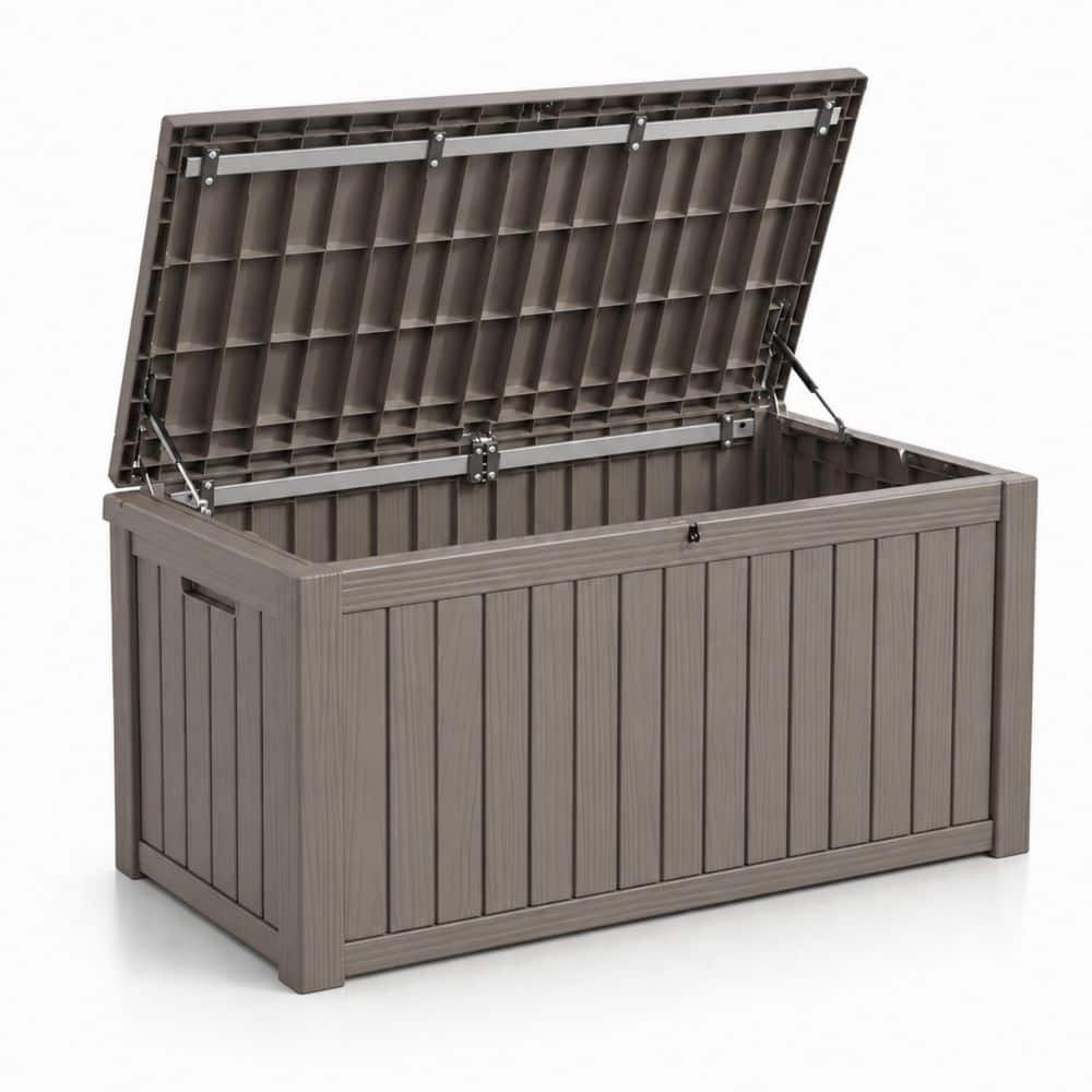 180 Gal. Extra Large Gray Resin Deck Box Dual Gas Struts 2-Metal Rods Lockable Patio Porch Garden Storage