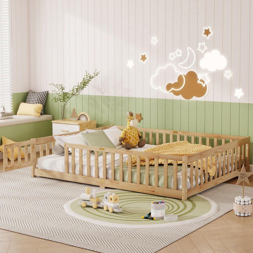 Natural Brown Wood Frame Queen Size Platform Bed with Fence
