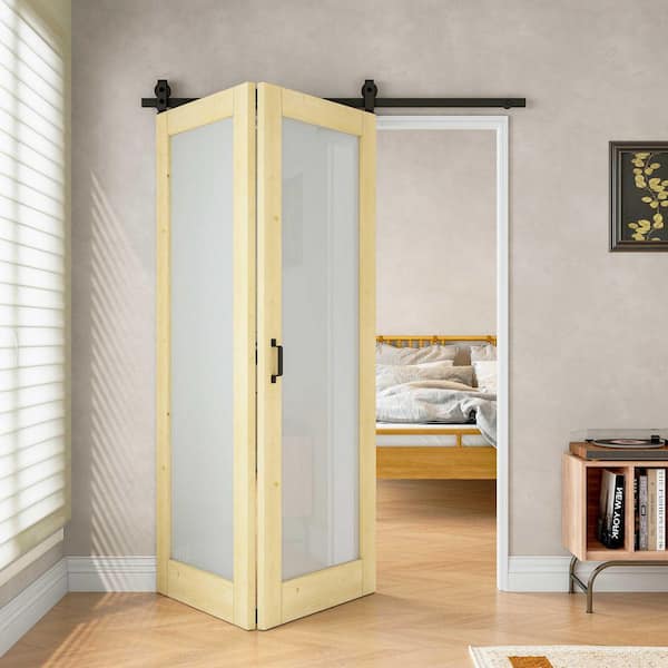 ARK DESIGN 60 in. x 80 in. 1-Lite Tempered Frosted Glass Unfinished Pine Solid Wood Bifold Sliding Barn Door with Hardware Kit