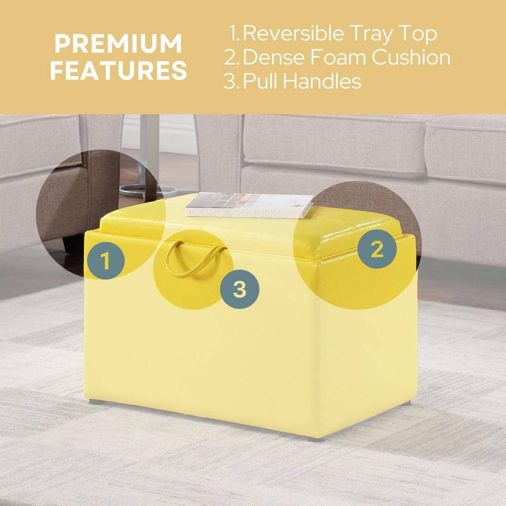 Modern Yellow Faux Leather Accent Storage Ottoman with Reversible Tray
