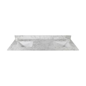 Bathroom Marble Color Stone Vanity Top with Double Rectangle Under Mount Ceramic Sink and 3 Faucet Hole with Back Splash