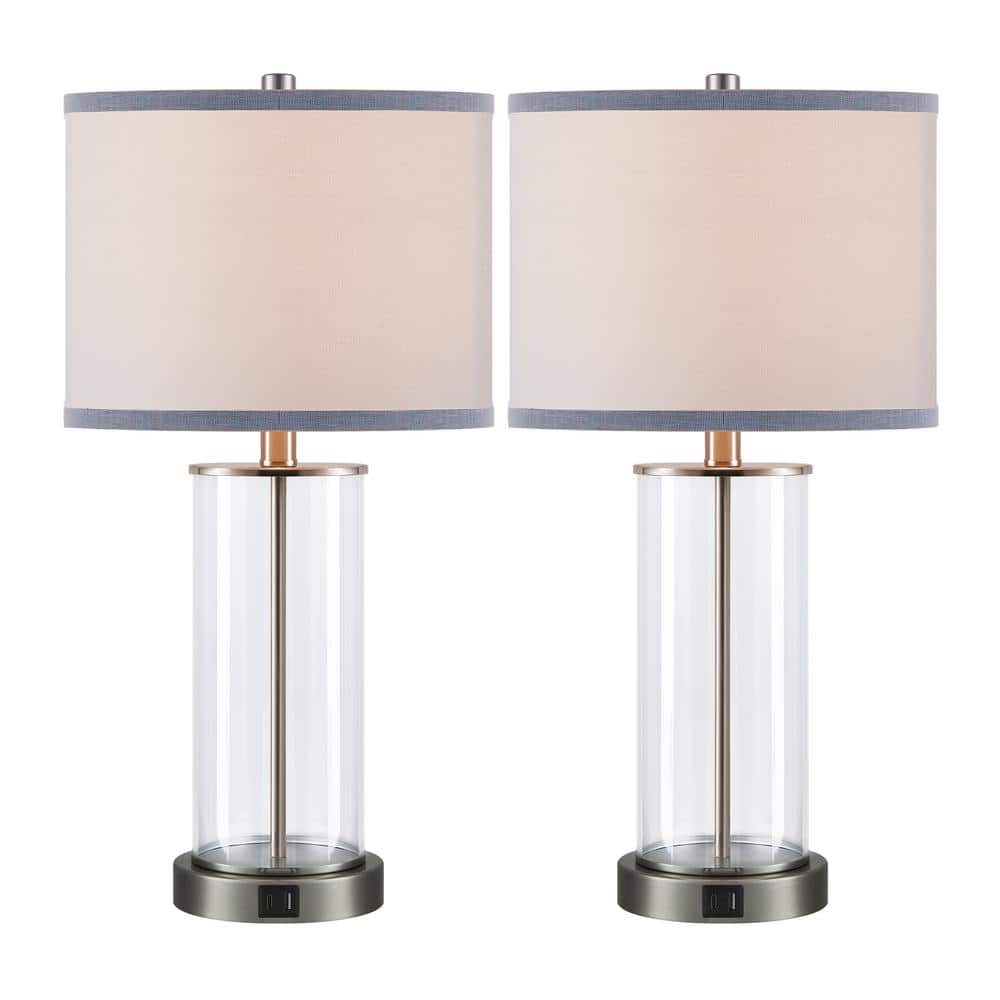 Brushed Nickel Glass Table Lamps with USB Ports and AC Outlet, Set of 2