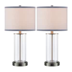 23 in. Clear Glass Brushed Nickel Table Lamp Set with Bulbs, Touch Control, Dual USB Ports and AC Outlet (Set of 2)