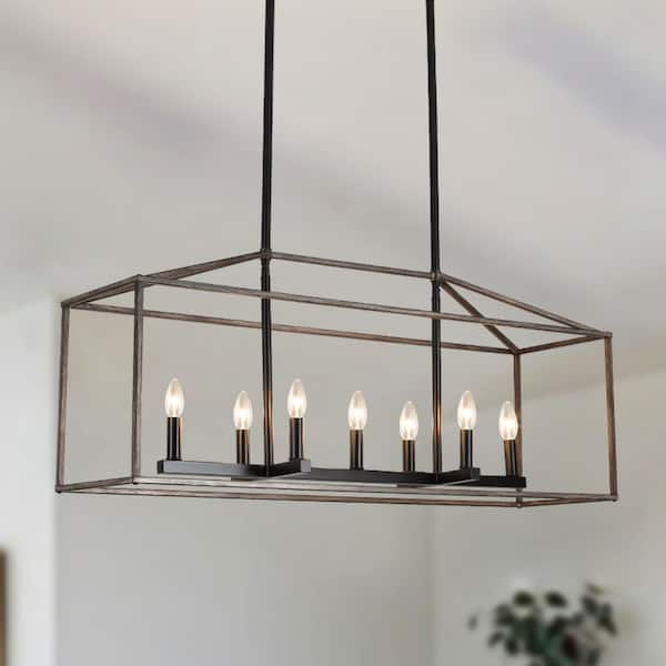 ADSENSTY 37.79 in. 7-Light Black and Imitation Wood Grain Farmhouse Linear Kitchen Island Chandelier with Caged Metal Shade