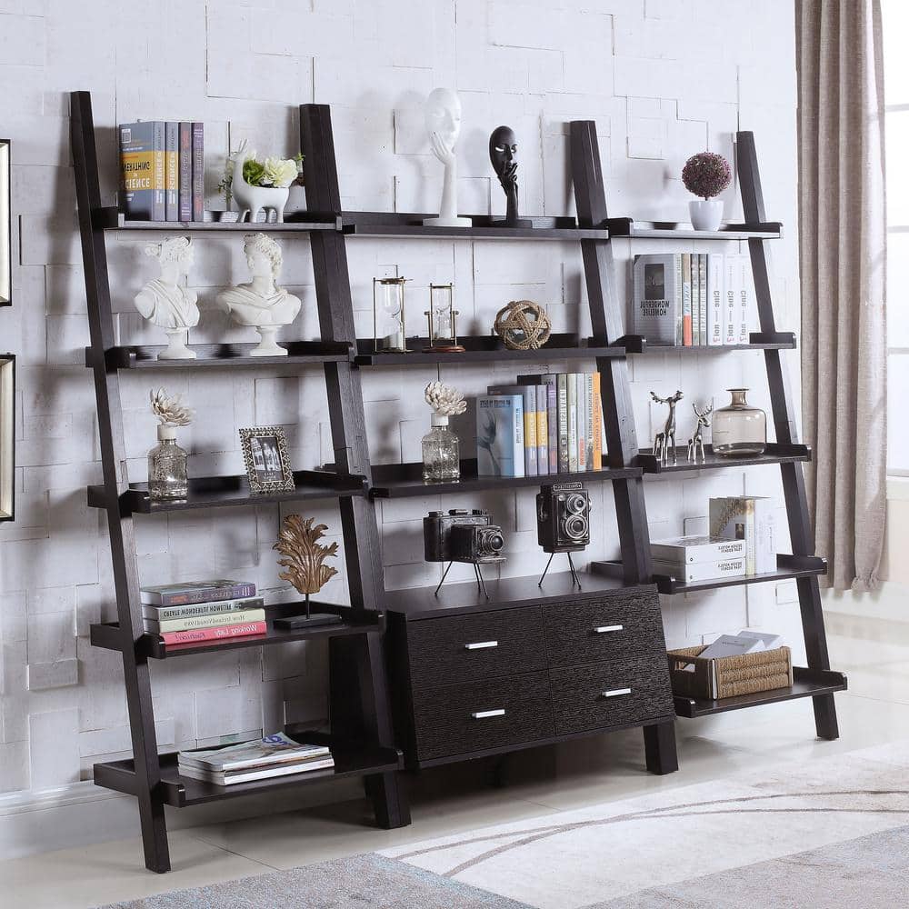 Cappuccino 69" MDF Ladder Bookcase with 4 Drawers