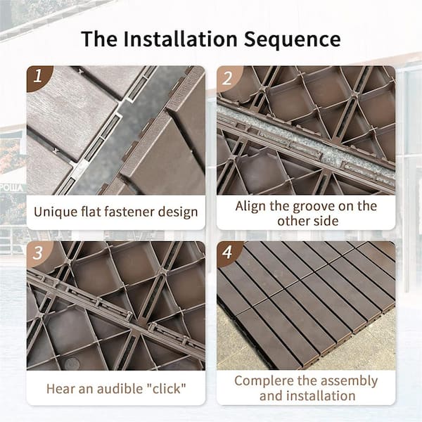 Patio Interlocking Deck Tiles, 12"x12" Square Composite Decking Tiles, Four Slat Plastic Tile(Dark Brown, Pack of 27)
