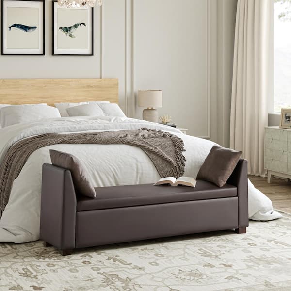 JAYDEN CREATION Franco Brown Mid-century Modern Upholstered Flip-top Storage Bench with Arm for Living Room