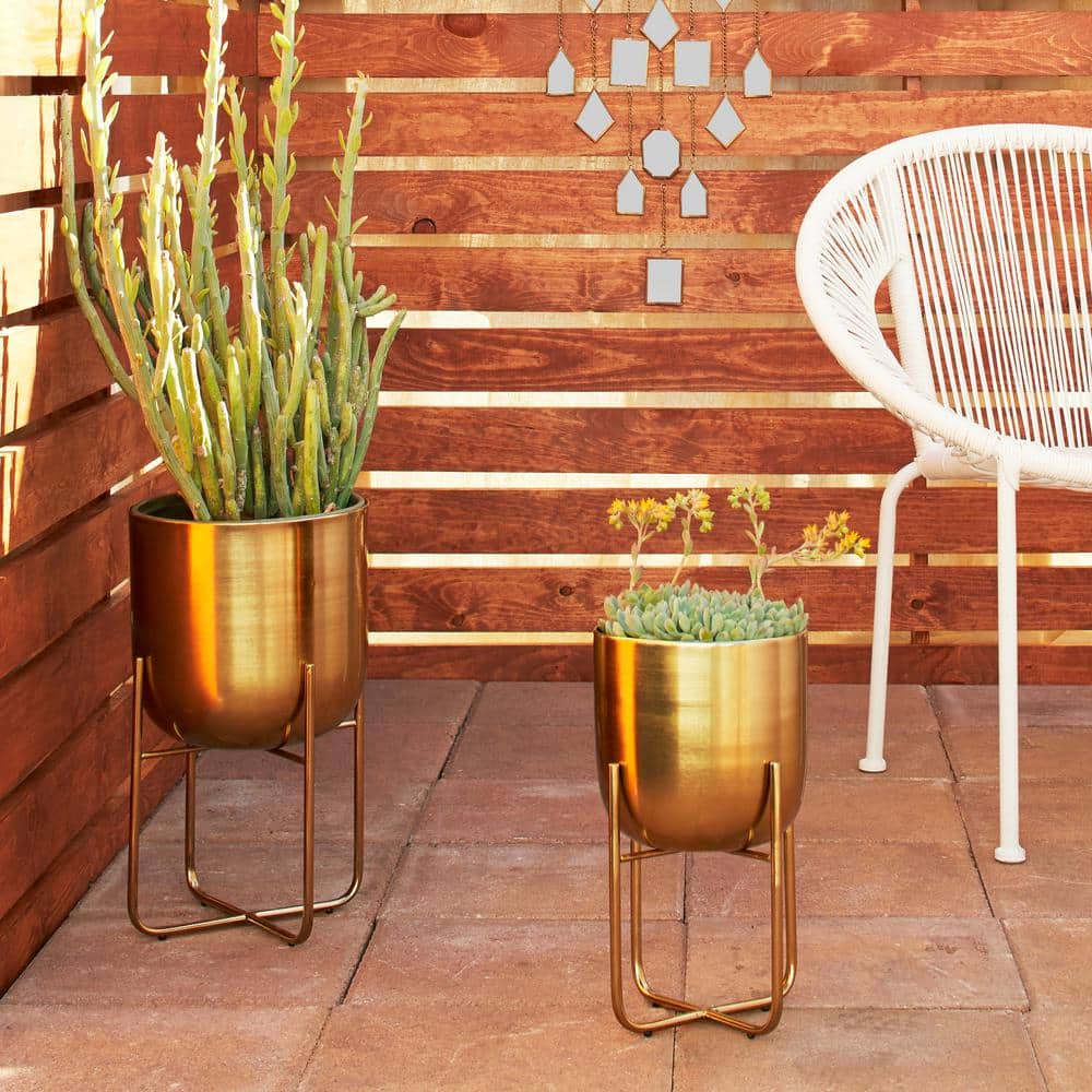 Gold Brushed Dome Metal Planter Set with Stands