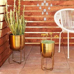 16 in., and 13 in. Medium Gold Metal Indoor Outdoor Planter with Removable Stand (2- Pack)