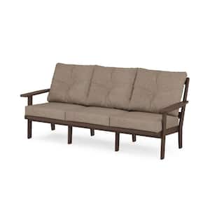 Oxford Plastic Outdoor Deep Seating Couch in Mahogany with Spiced Burlap Cushions