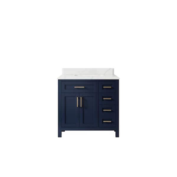Willow Collections Cambridge 36 in. W x 22 in. D x 36 in. H Center Sink Bath Vanity in Navy Blue with Cove Edge Calacatta Quartz Top