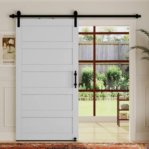 36 in. x 84 in. 5-Panel White MDF Sliding Barn Door Slab with Hardware Kit (with Round Tube Handrail and Sway Stop)