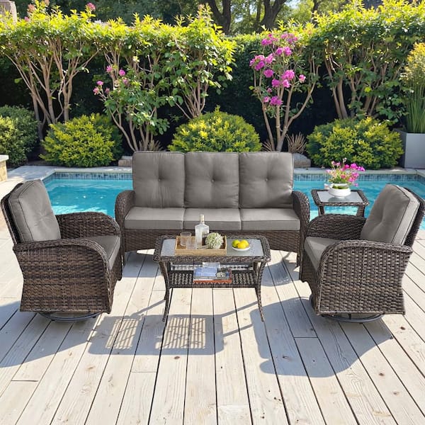 Brown 5-Piece Wicker Patio Conversation Set with Swivel Rockers, Outdoor Sofa Seating Set with Blue Cushions