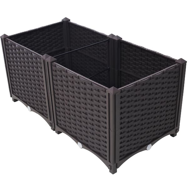 Zeus & Ruta 31.5 in. Brown Plastic Square Outdoor Raised Planter Boxe Self-Watering Planter Box Raised Bed to Grow Flowers (2-Pack)