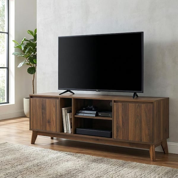 Anshu 56 in. Walnut Composite TV Stand Fits TVs Up to 91 in. with Storage Doors