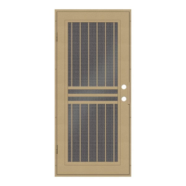 Unique Home Designs 30 in. x 80 in. Plain Bar Desert Sand Right-Hand Surface Mount Aluminum Security Door with Black Perforated Metal Screen