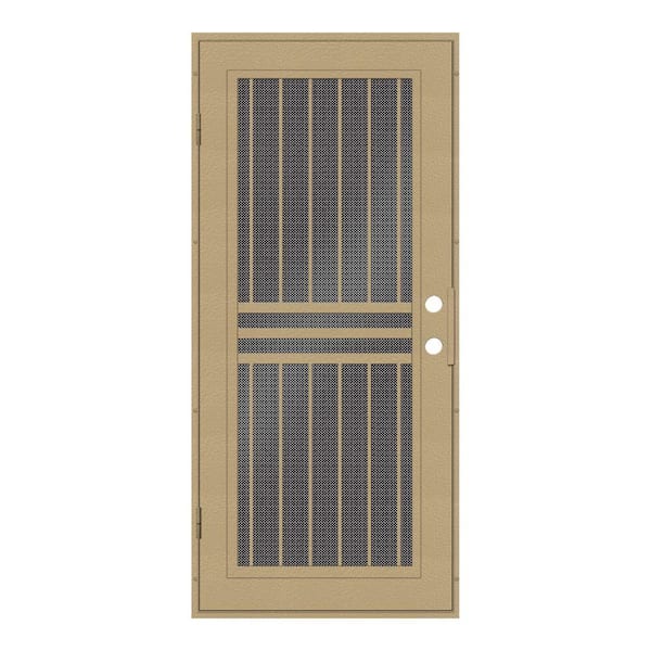 Unique Home Designs 32 in. x 80 in. Plain Bar Desert Sand Right-Hand Surface Mount Aluminum Security Door with Black Perforated Metal Screen