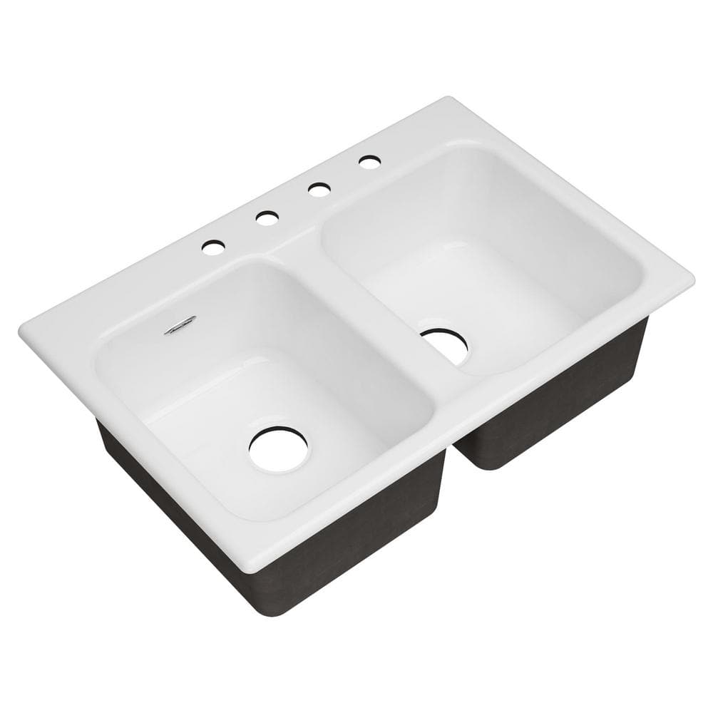 Quince 33'' White Cast Iron Double Bowl Drop-In Kitchen Sink