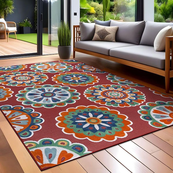 Mandala Red 5 ft. x 7 ft. Washable Bohemian Medallion Indoor Outdoor Area Rug