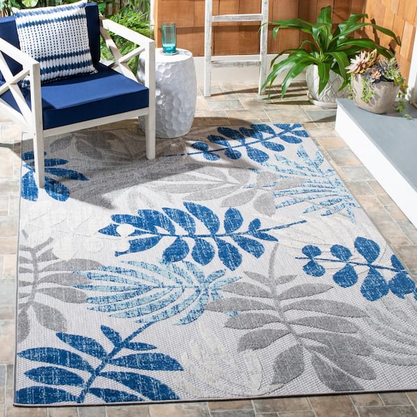 Cabana Gray/Blue 7 ft. x 7 ft. Abstract Palm Leaf Indoor/Outdoor Square Area Rug