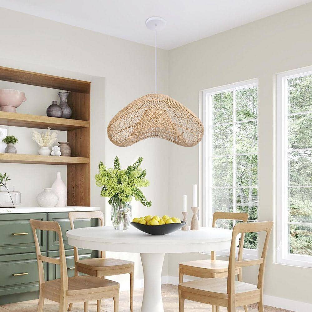 ARTURESTHOME 1-Light Brown Natural Hand-Woven Rattan Pendant Light with ...
