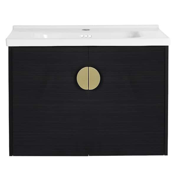 Boosicavelly 27.80 in. W 18.50 in. D 20.70 in. H Single Sink Wall Mounted Bath Vanity in Black Chestnut with White Ceramic Top