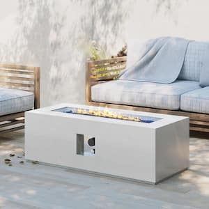 42 in. Rectangular Terrazzo Outdoor Fire Pit Table with Rain Cover, Off-White