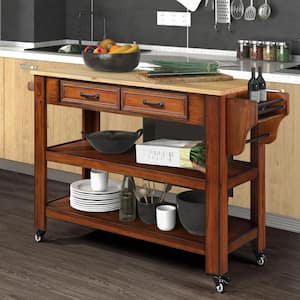 Retro Rolling Brown Solid Oak Wood Countertop 57 in. Kitchen Island with Drawers