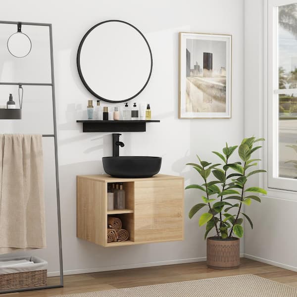 24 in. W x 19 in. D x 17 in. H Single Sink Burlywood Bath Vanity with Black Round Solid Surface Top Sink and Mirror