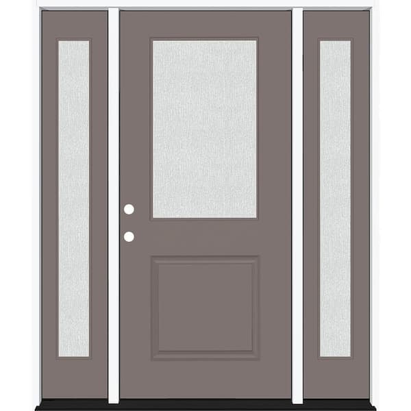 Steves & Sons Legacy 68 in. x 80 in. 1/2 Lite Rain Glass RHIS Primed Kindling Finish Fiberglass Prehung Front Door w/Dbl 14 in. SL
