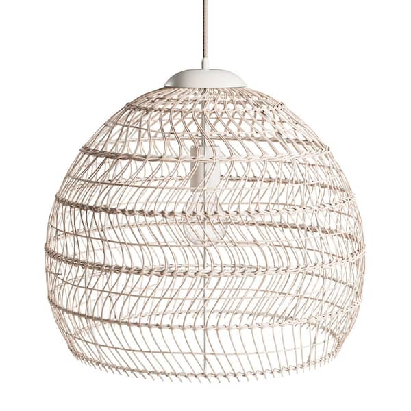 Maverick 1-Light White Shaded Pendant Light with Natural Rattan Bamboo Shade