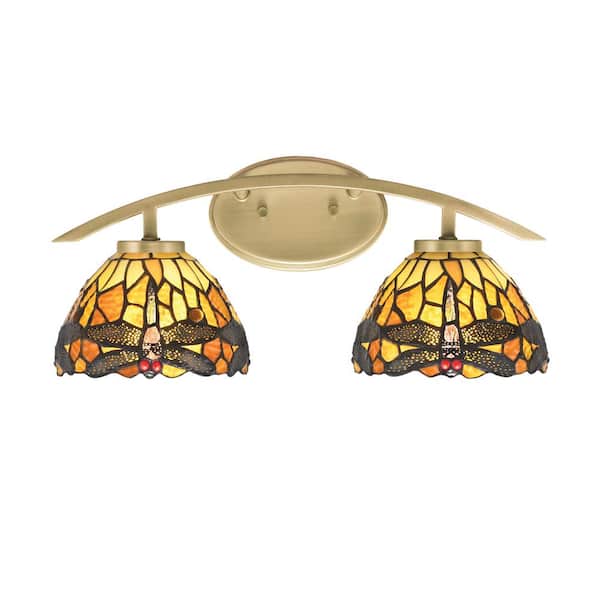 Unbranded Siena 18.25 in. 2-Light Vanity Light New Age Brass with 7 in. Amber Dragonfly Art Glass Shades, No Bulbs Included