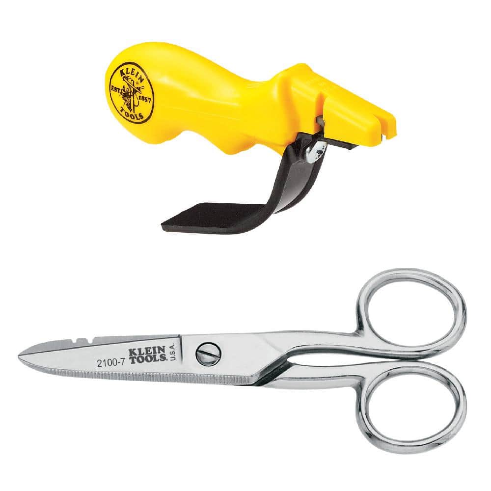 Klein Tools Electrical Scissors with Stripping Notches and Combination Knife and Scissors Sharpener Tool Set
