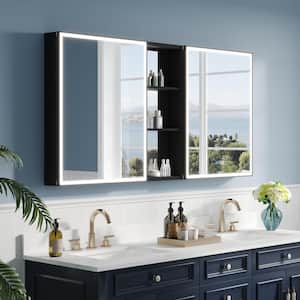 60 in. W. x 30 in. H Rectangular Black Aluminum Recessed/Surface Mount LED Medicine Cabinet with Mirror, Double Doors